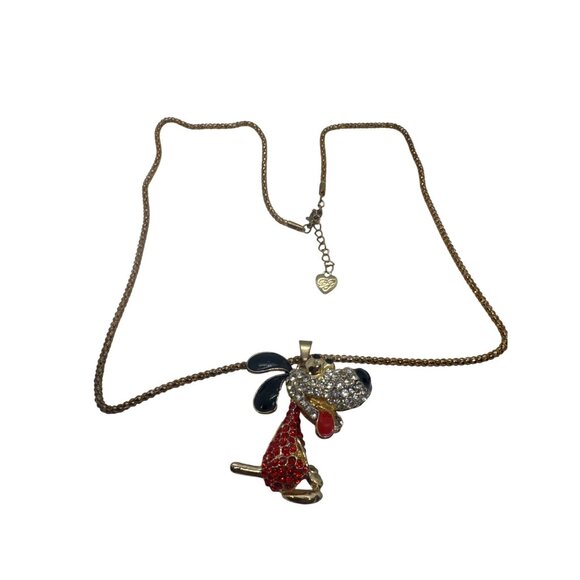 Betsey Johnson Dog Pendant Necklace Articulated Rhinestone Crystal Gold Tone - Picture 6 of 8